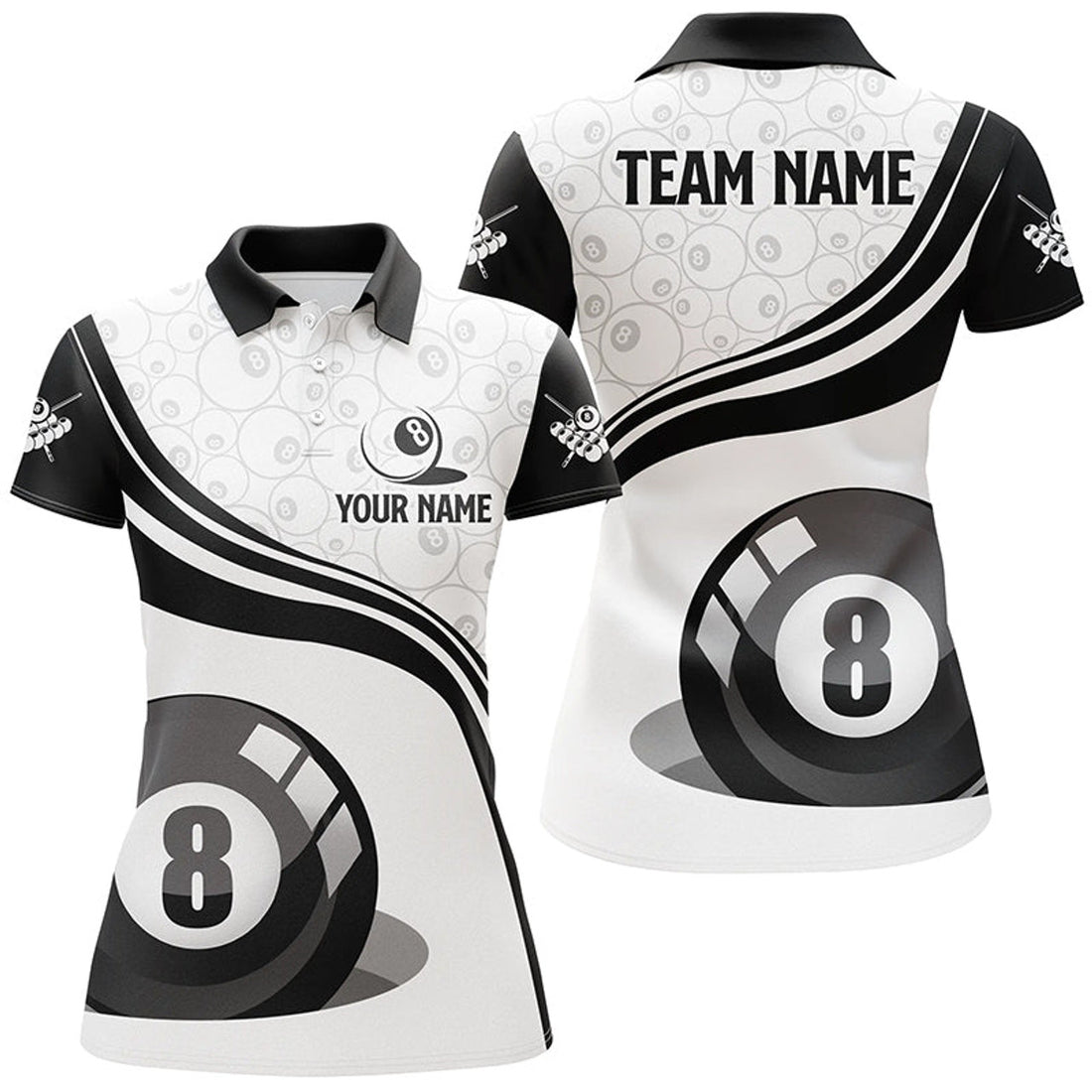 Custom Black White Custom Women Billiard Polo Shirts, Personalized 8 Ball Pool Shirts For Billiard Player