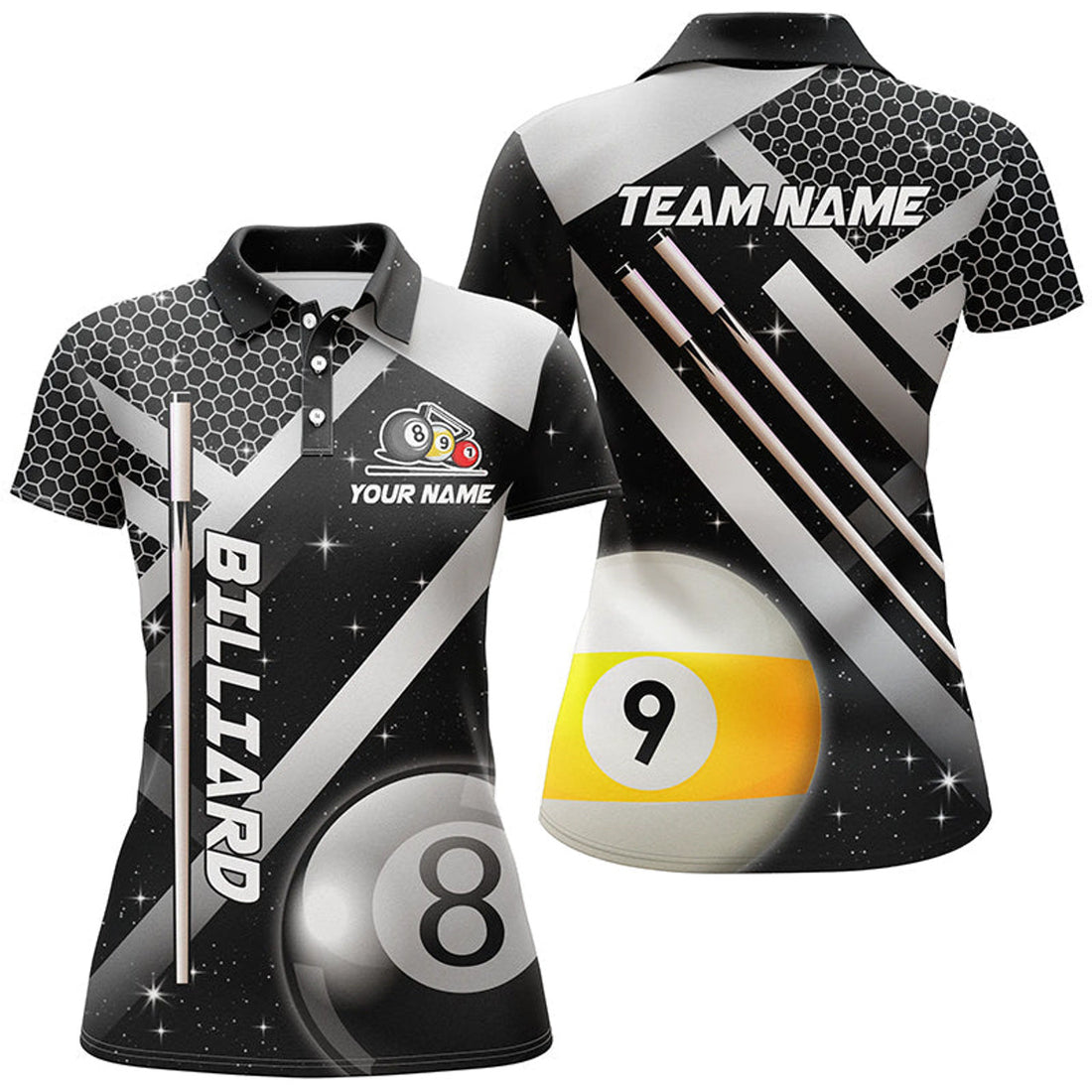 Custom Personalized Black Jerseys Billiard 8 Ball & 9 Ball Women Polo Shirts Custom Unique Billiard Uniform