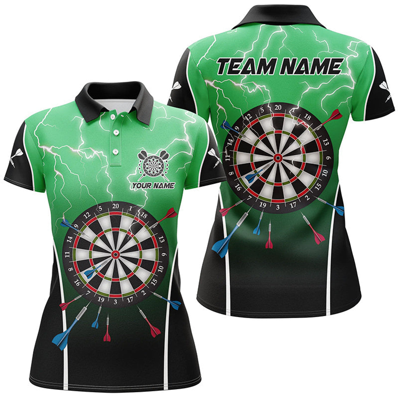 Custom Personalized Lightning Thunder Dartboard Green 3D Women Darts Polo Shirts Custom Darts Team Jersey
