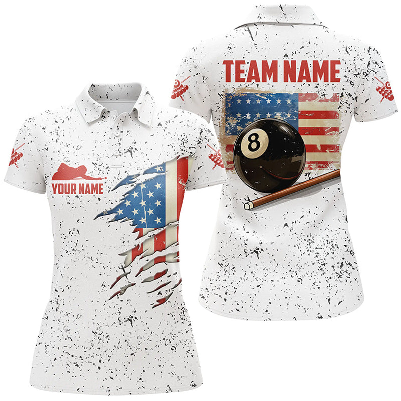 Custom American Flag Grunge Style Billiard Polo Shirts For Women Custom Patriotic 8 Ball Billiard Shirts
