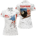 Custom American Flag Grunge Style Billiard Polo Shirts For Women Custom Patriotic 8 Ball Billiard Shirts