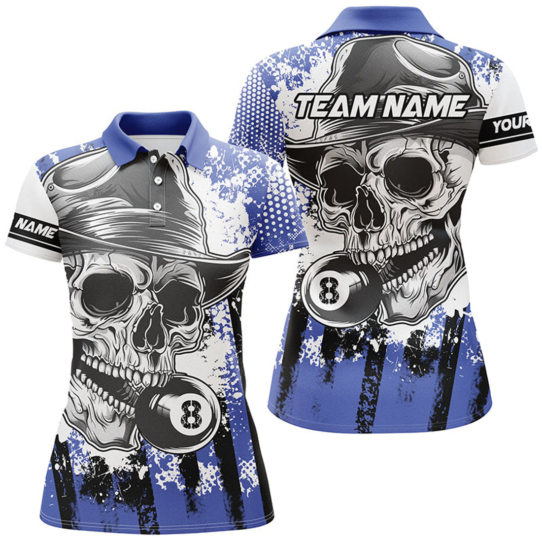 Custom Personalized Blue Billiard Skull Holding 8 Ball Women Polo Shirts Custom Billiard Team Jersey Attire