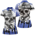 Custom Personalized Blue Billiard Skull Holding 8 Ball Women Polo Shirts Custom Billiard Team Jersey Attire