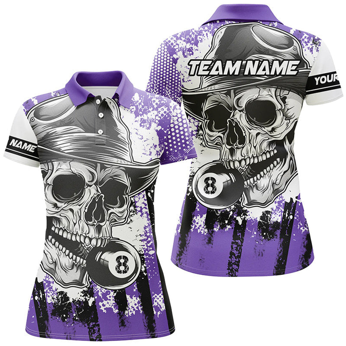 Custom Personalized Purple Billiard Skull Holding 8 Ball Women Polo Shirts Custom Billiard Jersey Attire