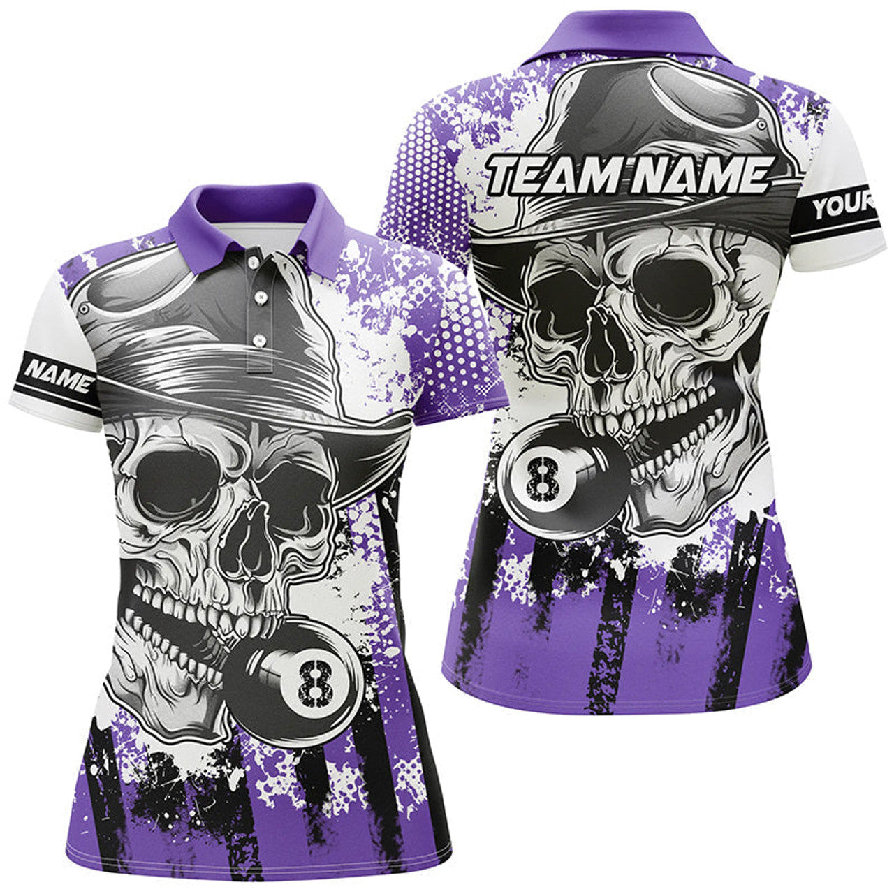 Custom Personalized Purple Billiard Skull Holding 8 Ball Women Polo Shirts Custom Billiard Jersey Attire