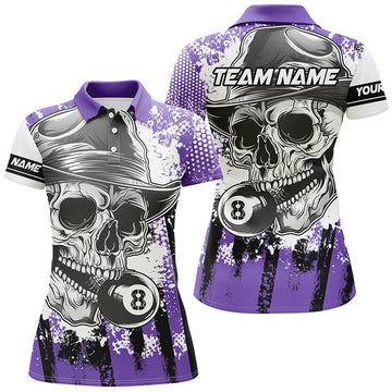 Custom Personalized Purple Billiard Skull Holding 8 Ball Women Polo Shirts Custom Billiard Jersey Attire