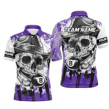 FUNSTUFFPRINT Personalized Purple Billiard Skull Holding 8 Ball Men Polo Shirts Custom Billiard Jersey Attire Polo Shirt Size S-5XL