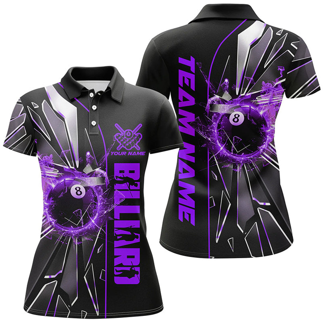 Custom Personalized Purple Glass Crack 8 Ball Billiard Women Polo, 8 Ball Pool Jerseys
