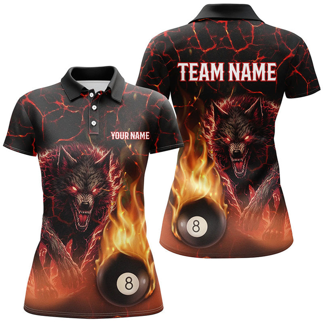 Custom 3D Wolf 8 Ball Fire Flame Billiard Polo For Women Team League Billiard Jerseys