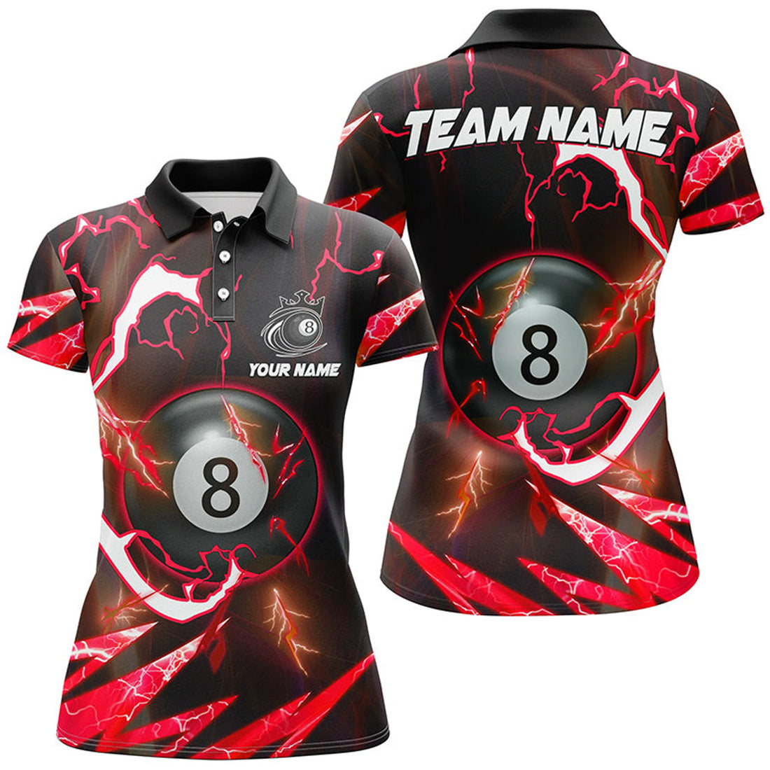 Custom Personalized Red 8 Ball Pool Thunder Lighting Polo Shirts For Women Custom Billiard Team Shirts