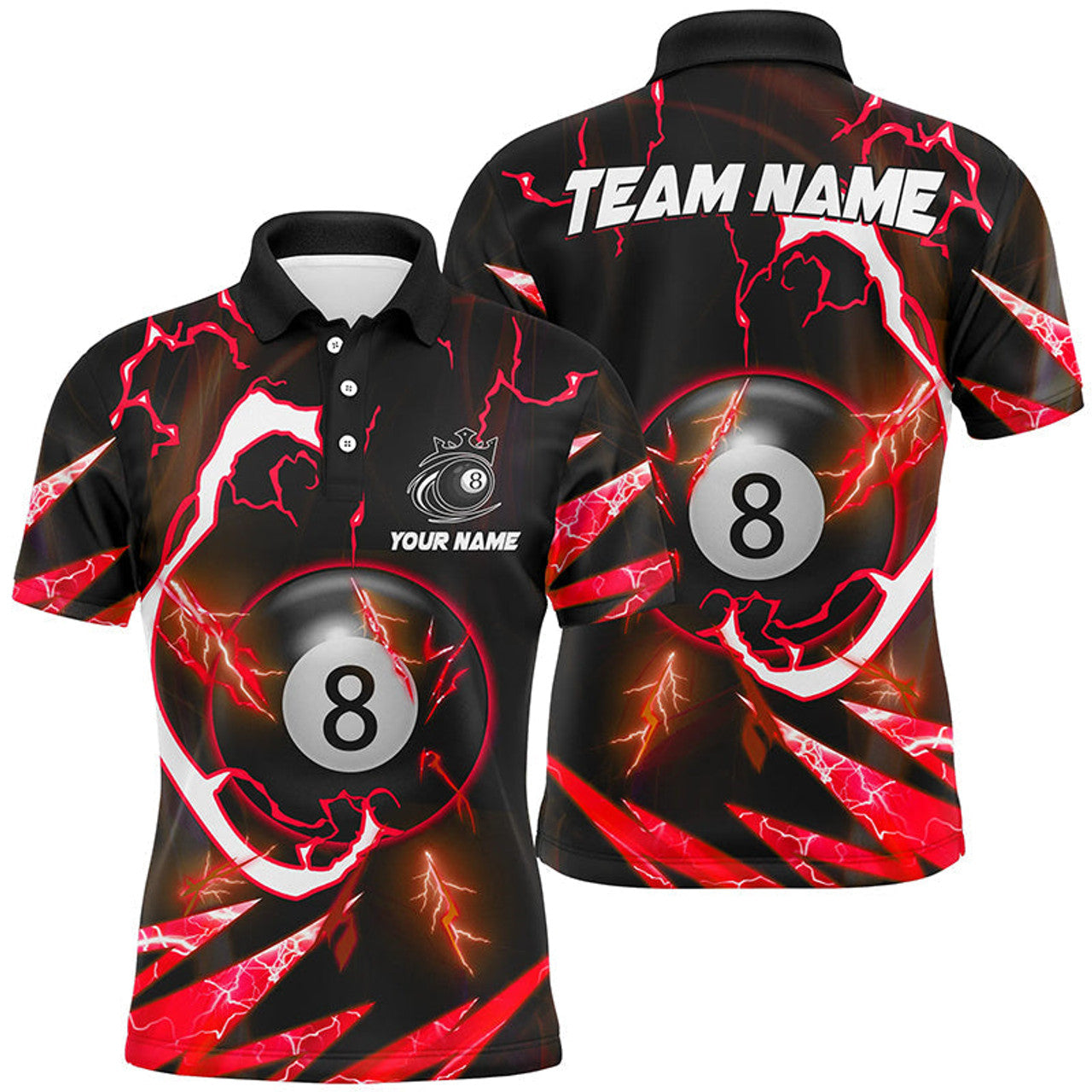 Personalized Red 8 Ball Pool Thunder Lighting Polo Shirts For Men Custom Billiard Team Shirts