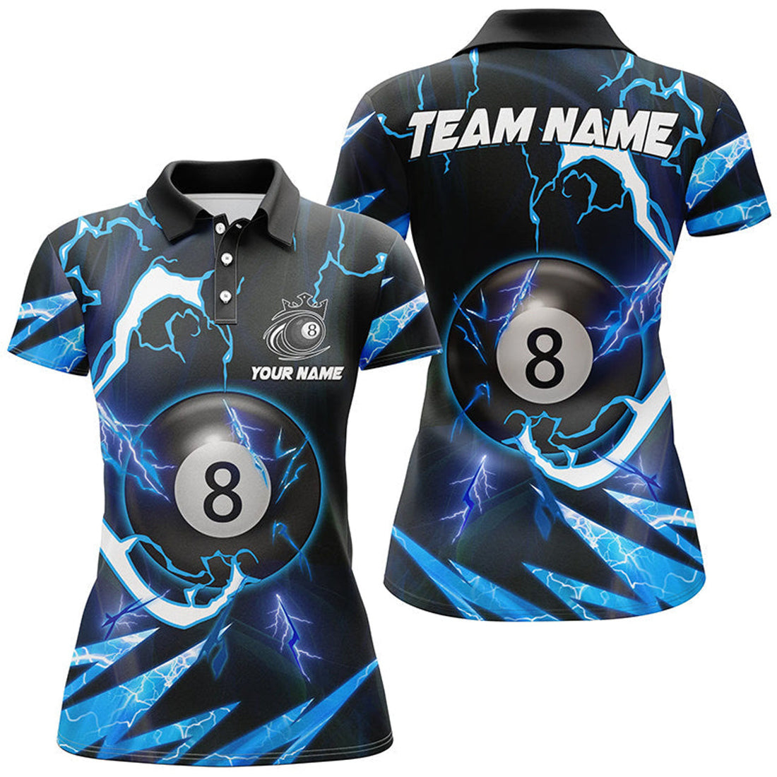 Custom Personalized Blue 8 Ball Pool Thunder Lighting Polo Shirts For Women Custom Billiard Team Shirts