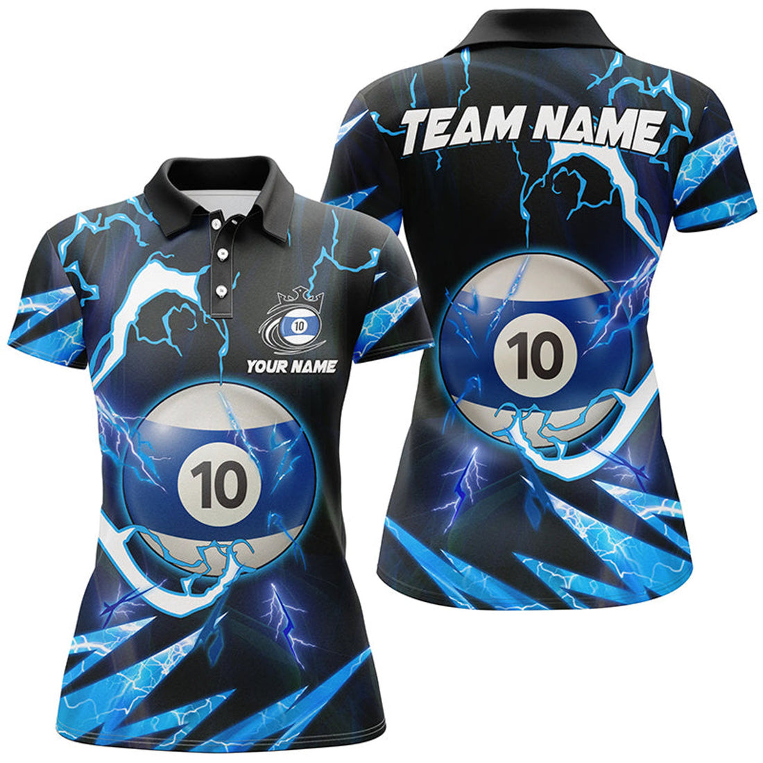 Custom Personalized Blue 10 Ball Pool Thunder Lighting Polo Shirts For Women Custom Billiard Team Shirts
