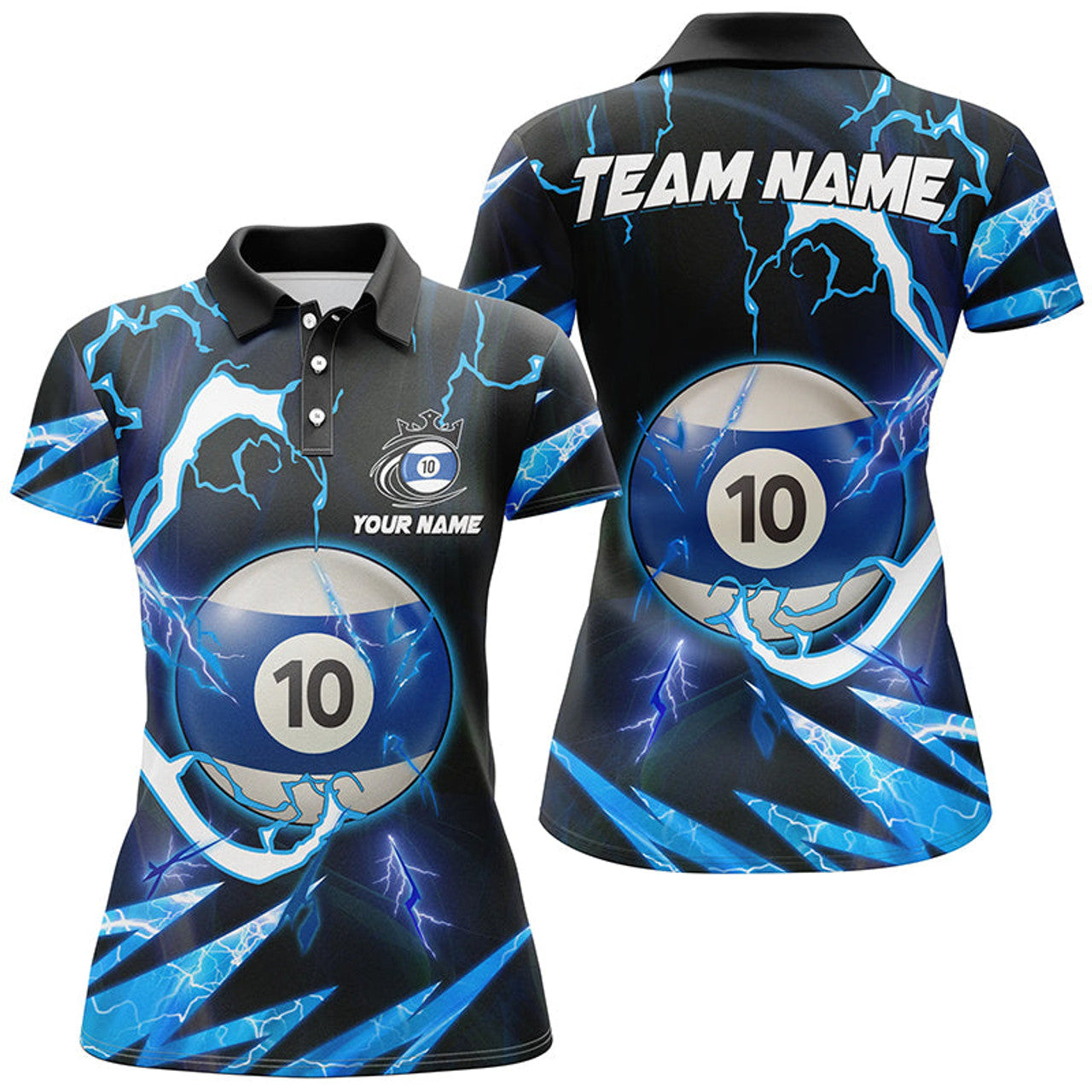 Custom Personalized Blue 10 Ball Pool Thunder Lighting Polo Shirts For Women Custom Billiard Team Shirts