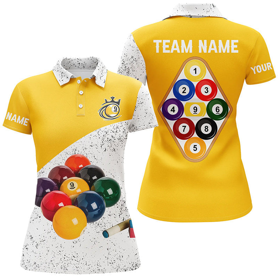 Custom Personalized 9 Ball Pool White Grunge Women Billiards Polo Shirts, 3D Billiard Balls Jerseys Shirts