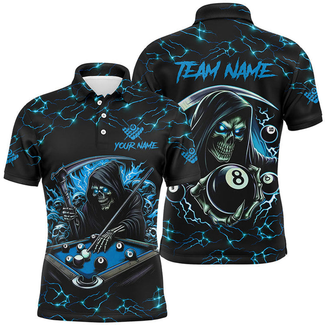 Custom Billiard Multicolor Funny Death Skeleton 8 Ball Pool Customized Name, Team Name 3D Polo Shirt, Skull Billiard Shirt