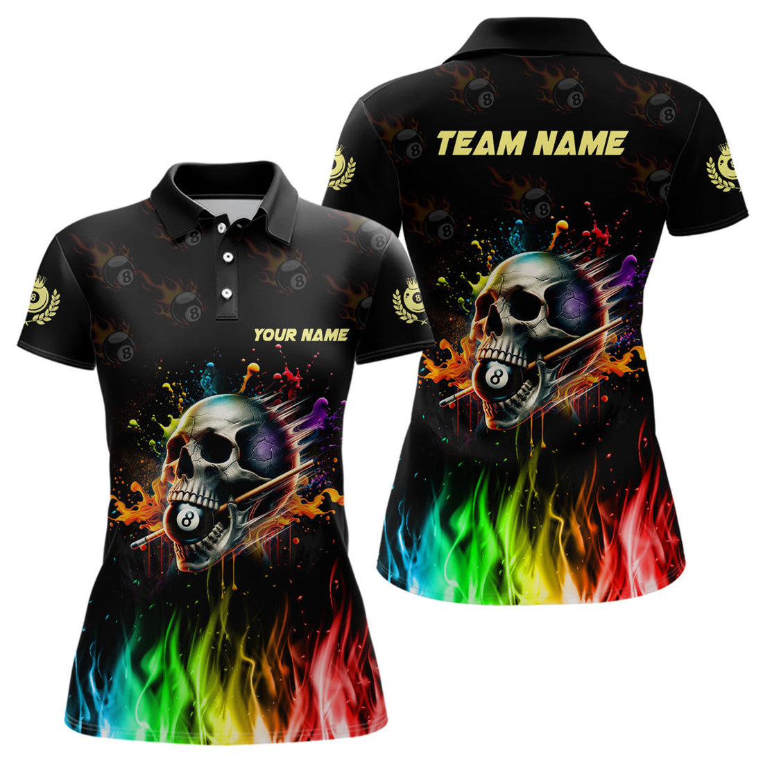 Custom Funny Billiard Colorful Skull Personalized Women Polo Shirts, Custom Team Name Billiard Attire