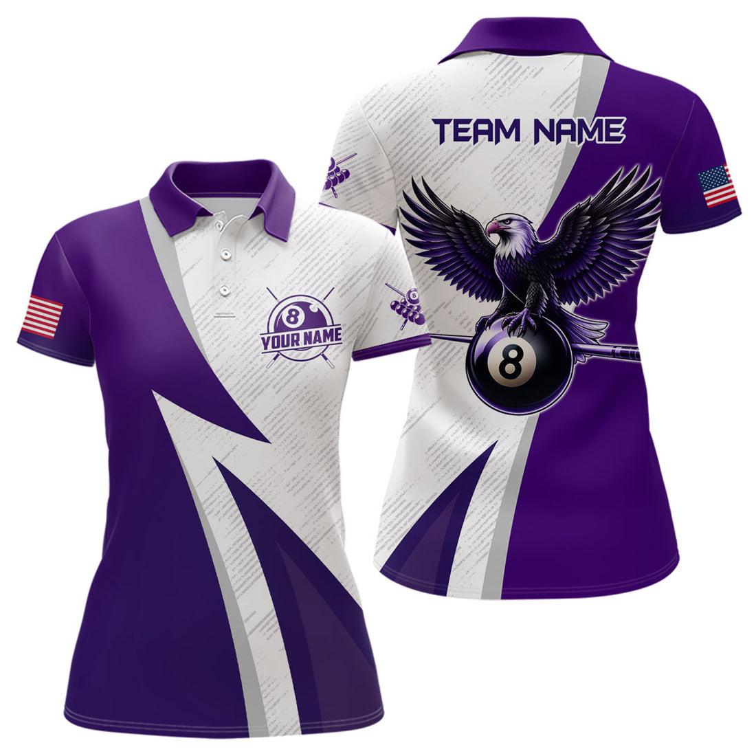 Custom Personalized Purple Billiards Pool Women Polo Shirts, 8 Ball Pool Eagle Billiard Jerseys For Team
