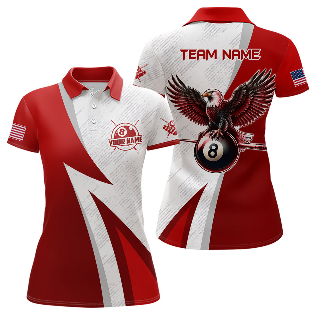 Custom Personalized Red Billiards Pool Women Polo Shirts, 8 Ball Pool Eagle Billiard Jerseys For Team