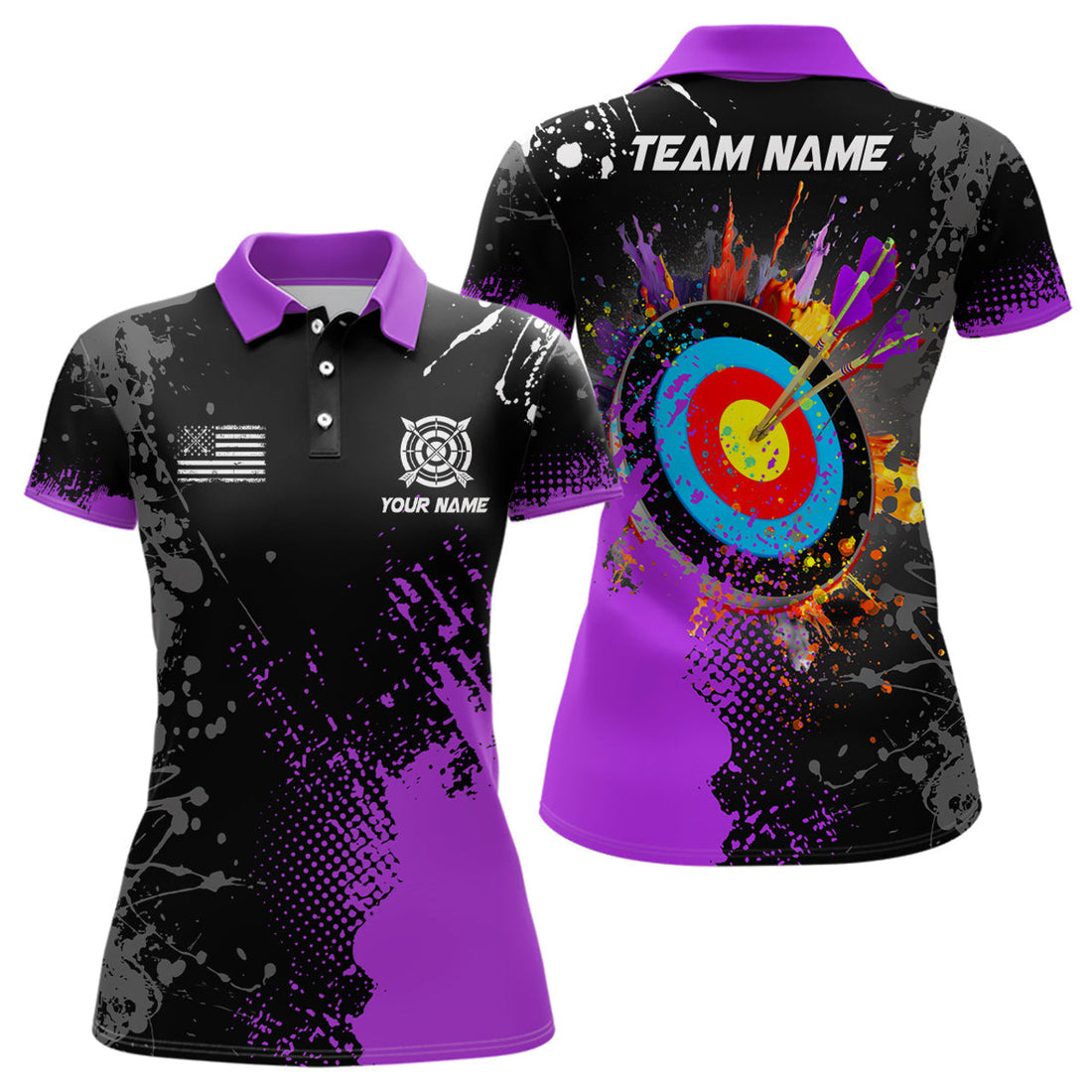 Custom Personalized Paint Purple 3D Target Archery Polo Shirts For Women Custom Name Archery Jerseys Attire