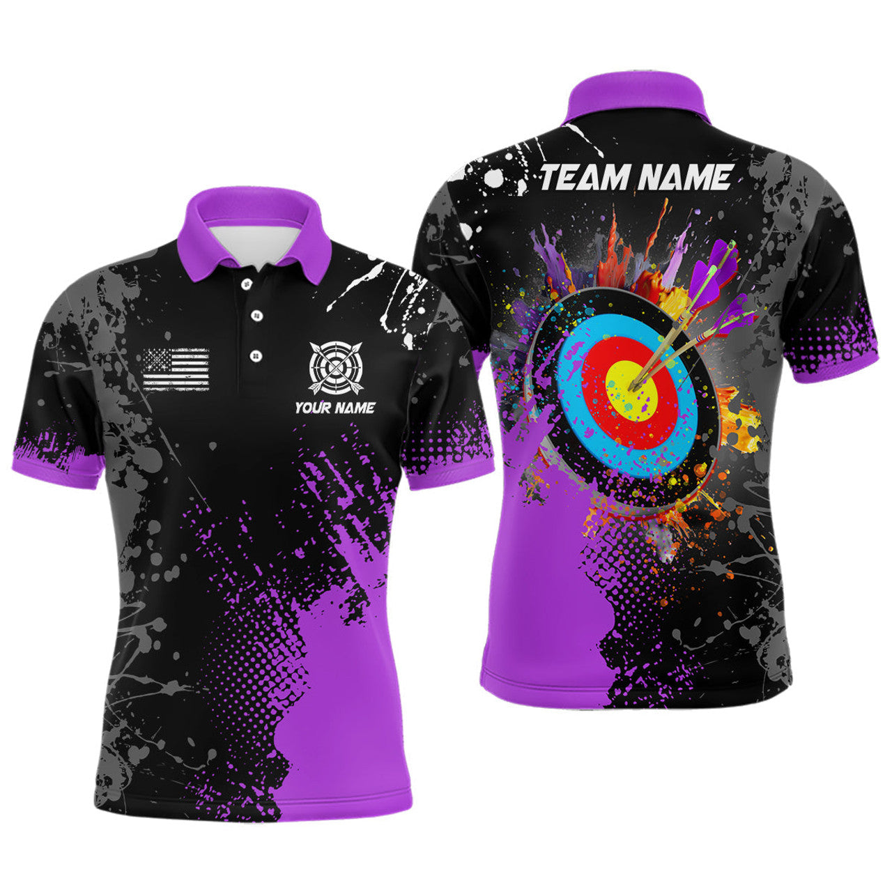 Personalized Paint Purple 3D Target Archery Polo Shirts For Men Custom Name Archery Jerseys Attire