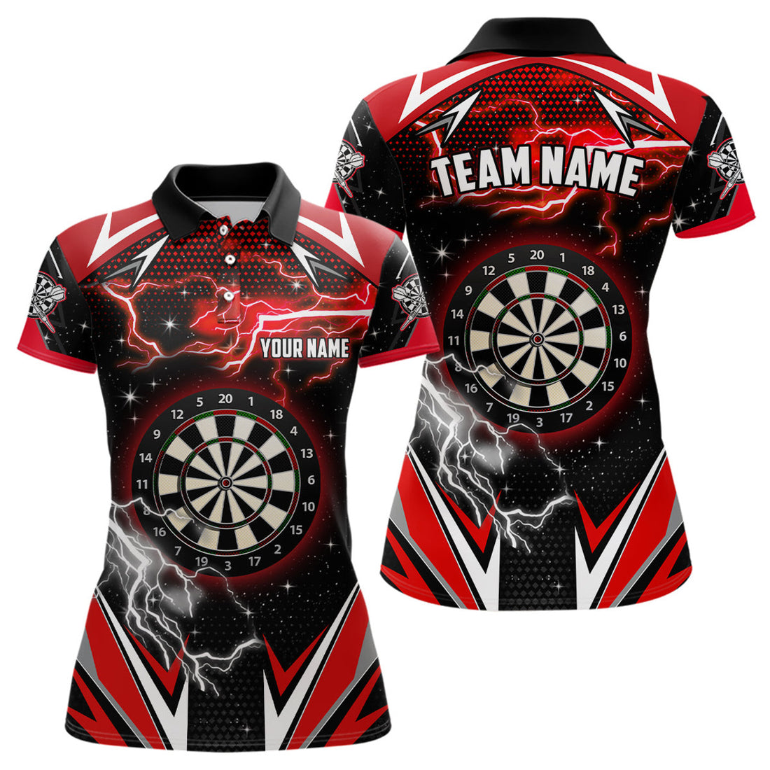 Custom Personalized Thunder Lightning Red Dart Jerseys Polo Shirts For Women Custom Team League Dart Shirts