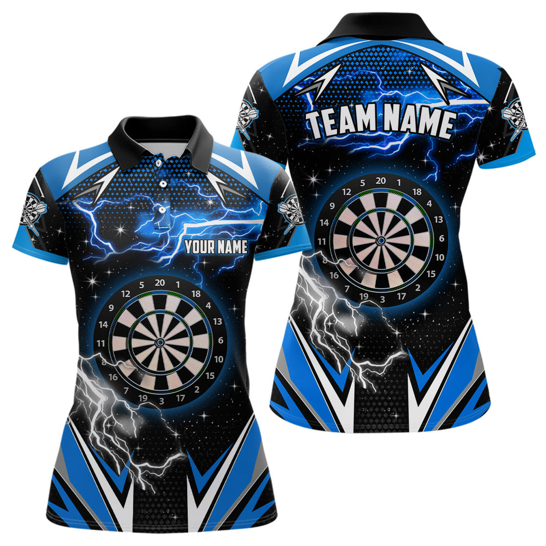 Custom Personalized Thunder Lightning Blue Dart Jerseys Polo Shirts For Women Custom Team League Dart Shirts