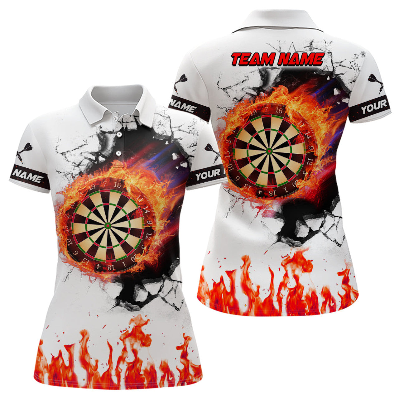 Custom Orange Dartboard Fire Flame 3D Dart Polo Shirts Custom Darts Shirts For Women Darts Team Shirts