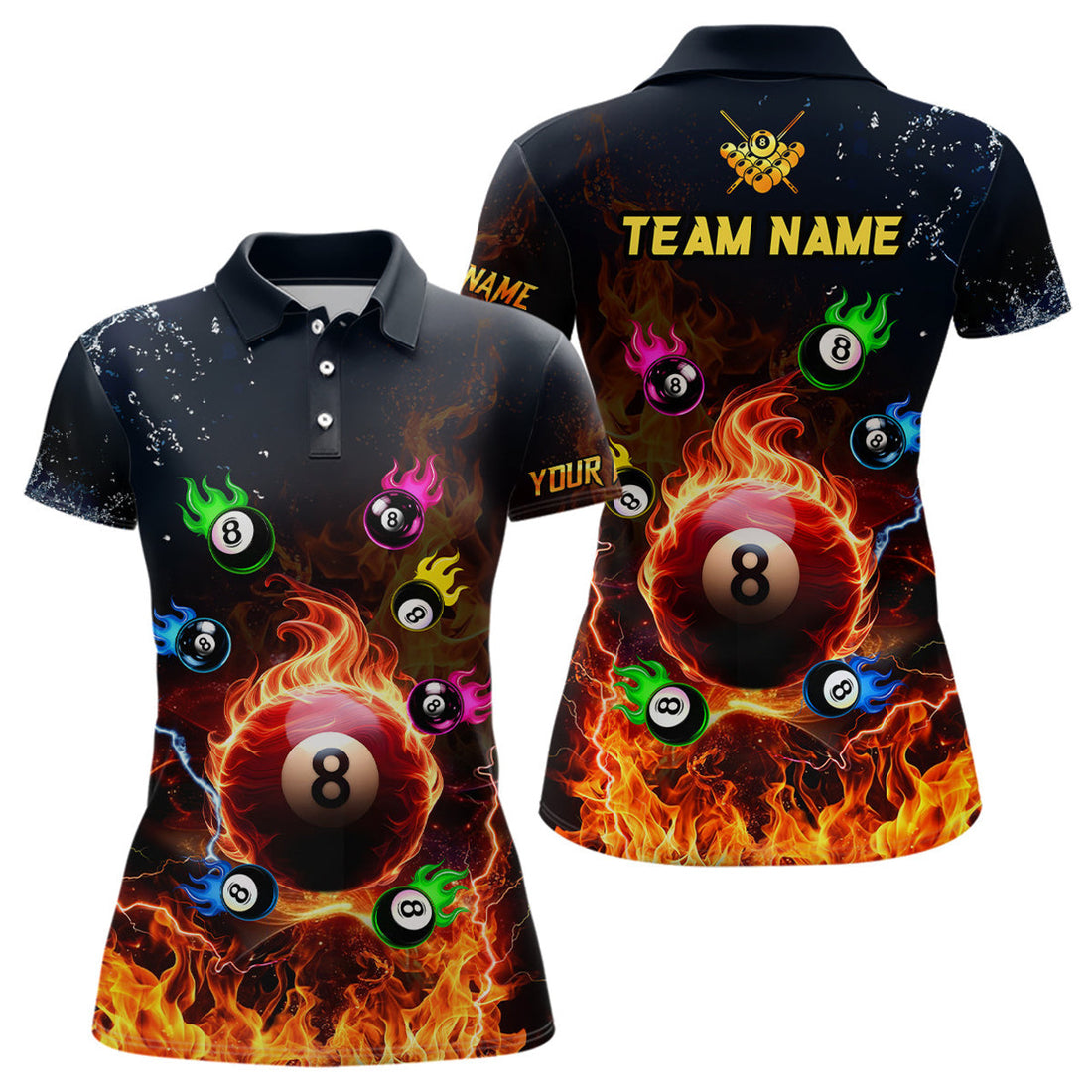 Custom Personalized Colorful 8 Ball Fire 3D Women Polo Shirts, Team League Billiard Jerseys