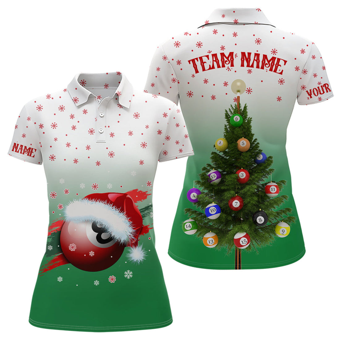Custom Personalized Funny Christmas Tree Billiard Balls Green 3D Women Polo Shirts, Christmas Shirt Ideas