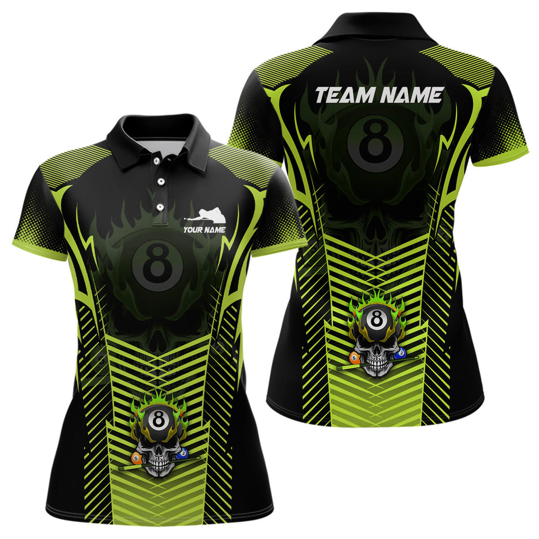 Custom Green Neon Billiard Balls 3D Skull Polo Shirts For Women, 8 Ball Pool Jerseys Shirts