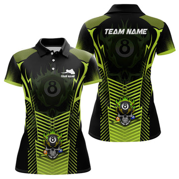 Custom Green Neon Billiard Balls 3D Skull Polo Shirts For Women, 8 Ball Pool Jerseys Shirts