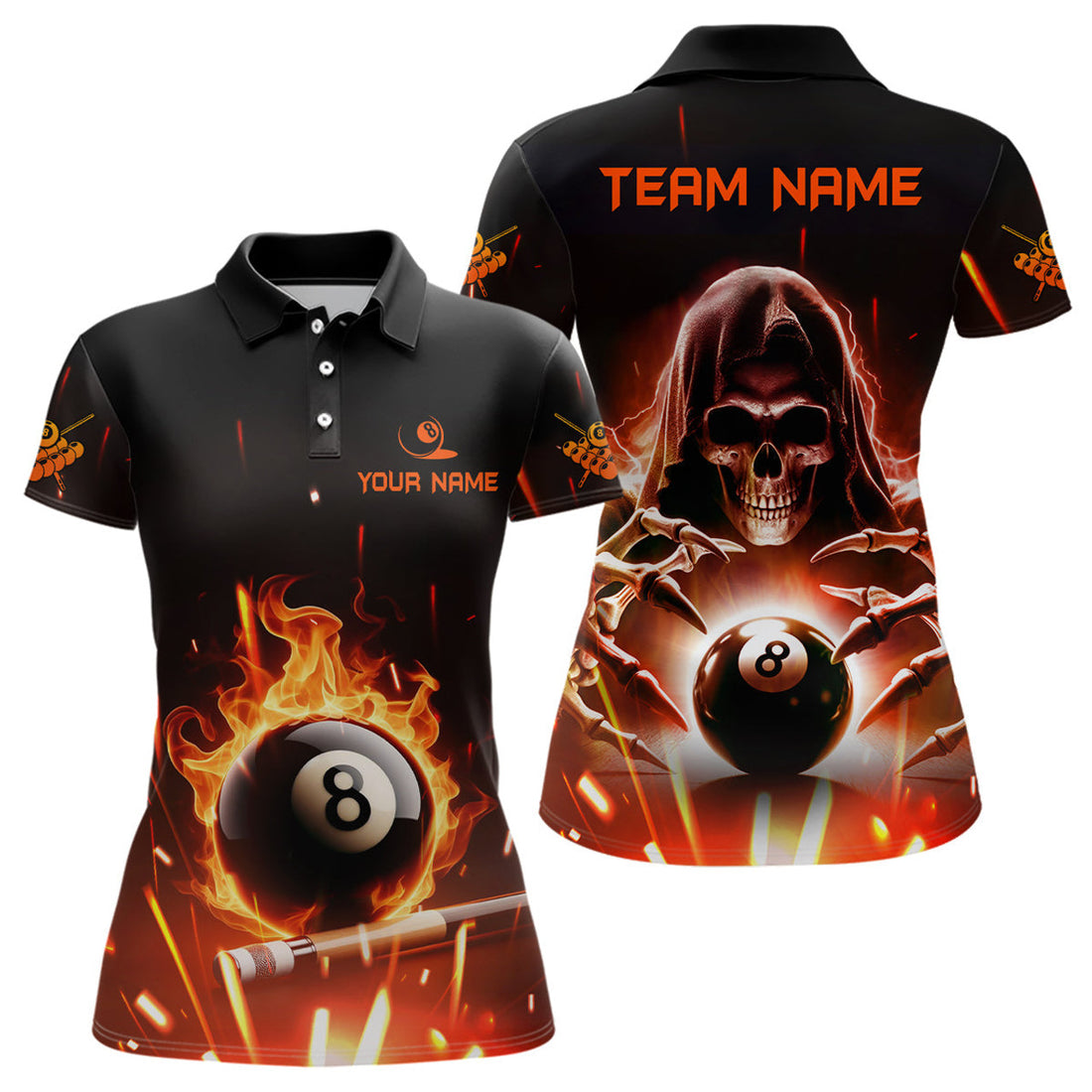 Custom Billiard Skeleton Flaming 8 Ball Pool Personalized Women Polo Shirts Custom Pool League Team Shirts
