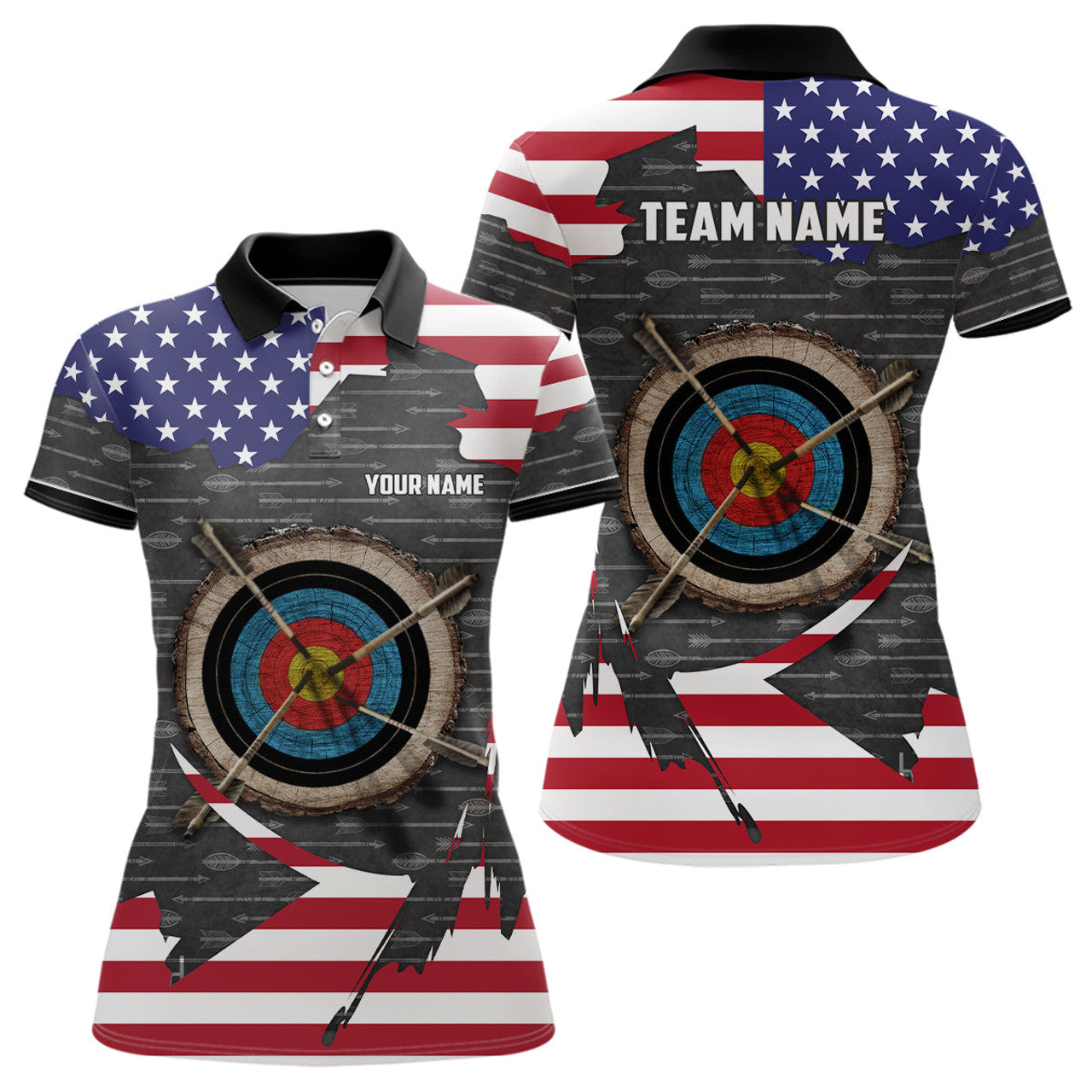 Custom Retro Archery 3d Target Personalized US Flag Polo Shirts For Women, Patriotic Archery Jerseys Shirts