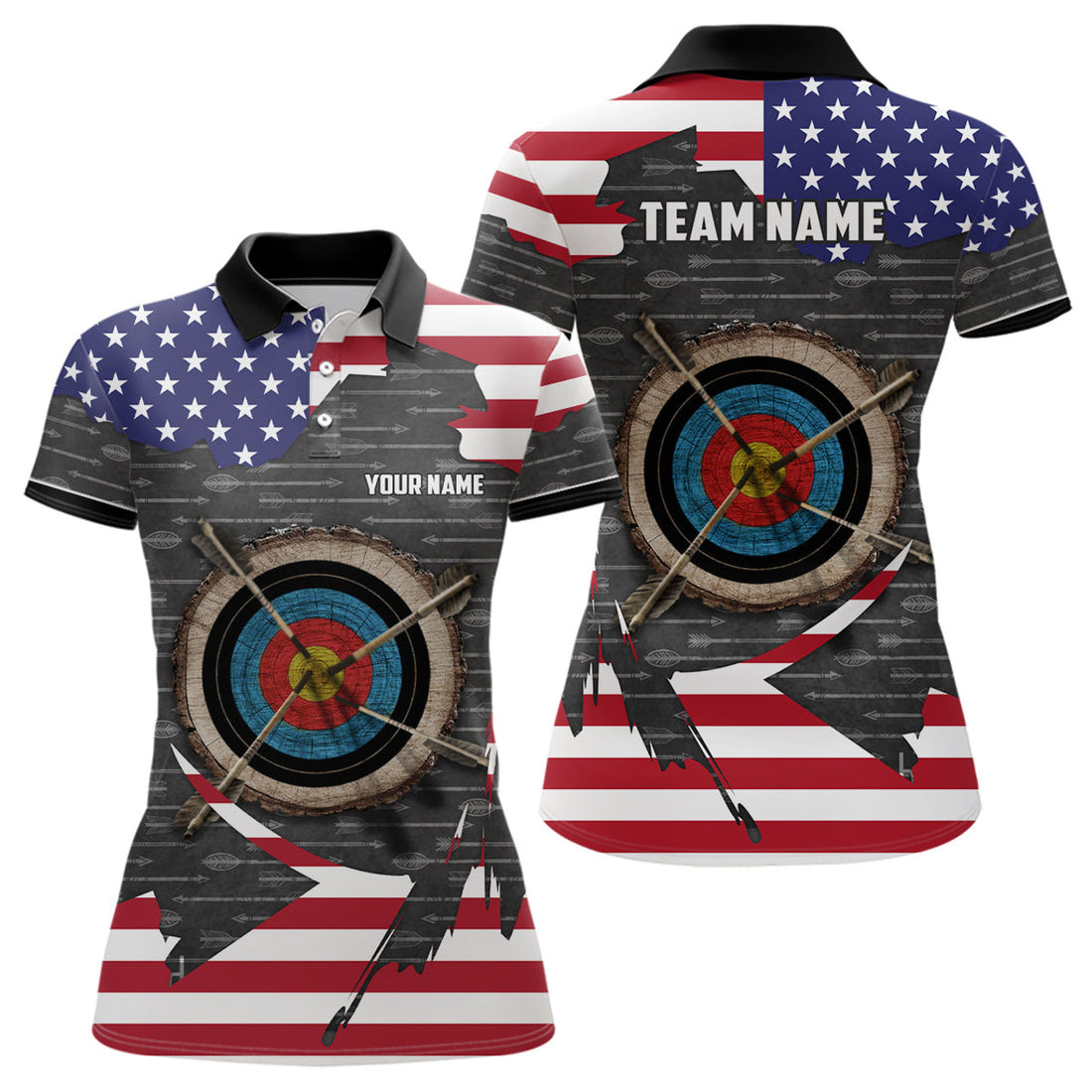 Custom Retro Archery 3d Target Personalized US Flag Polo Shirts For Women, Patriotic Archery Jerseys Shirts