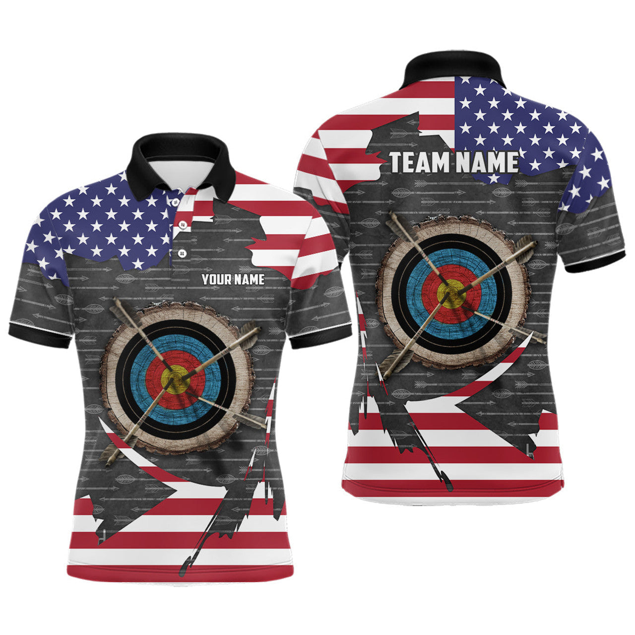 Custom Retro Archery 3d Target Personalized US Flag Polo Shirts For Men, Patriotic Archery Jerseys Shirts