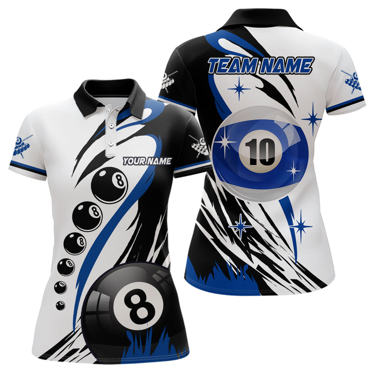 Custom Personalized Billiard 8 Ball & 10 Ball Women Polo Shirts, Custom Team Name Billiard Attire Jerseys
