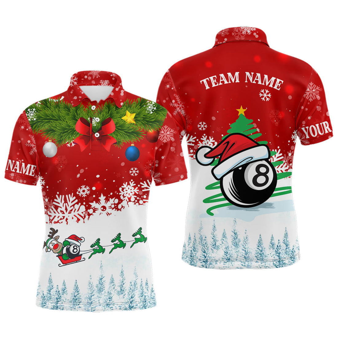 FUNSTUFFPRINT Funny Christmas Billiard 8 Ball Pool Polo Shirts Custom Men Christmas Polo Shirt Size S-5XL
