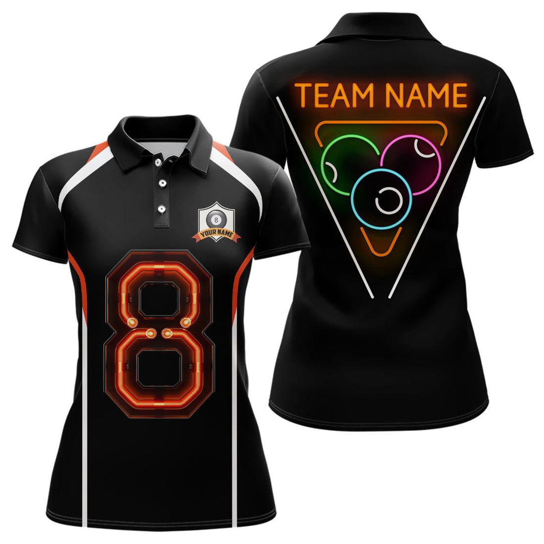 Customized 8 Ball Pool With Neon Light Billiard Polo Shirts For Women, Custom Billiard Shirts Design