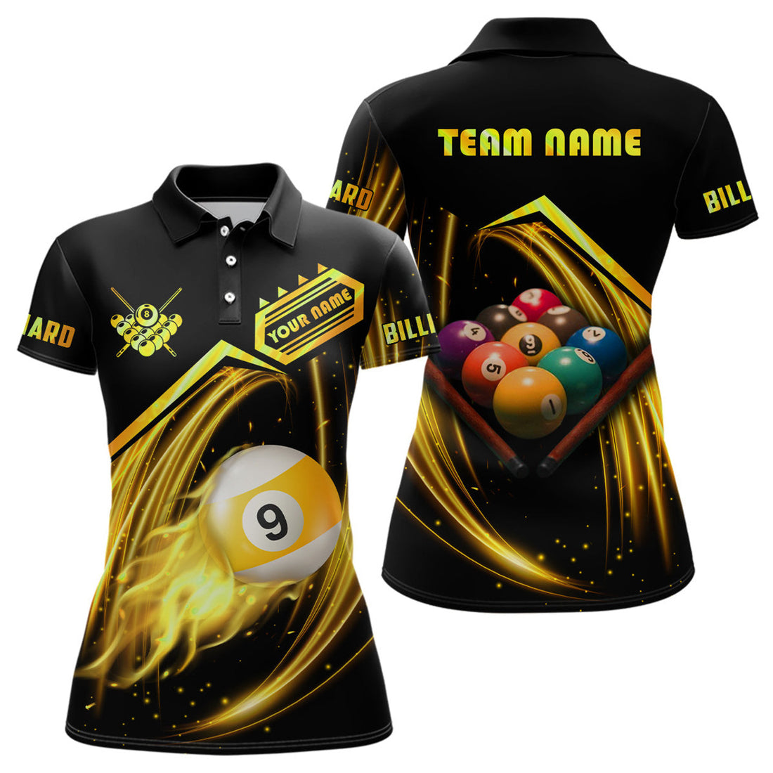 Custom Personalized Yellow 9 Ball Billiard Polo Shirts For Women Custom 9 Ball Team Shirts, Billiard Apparel