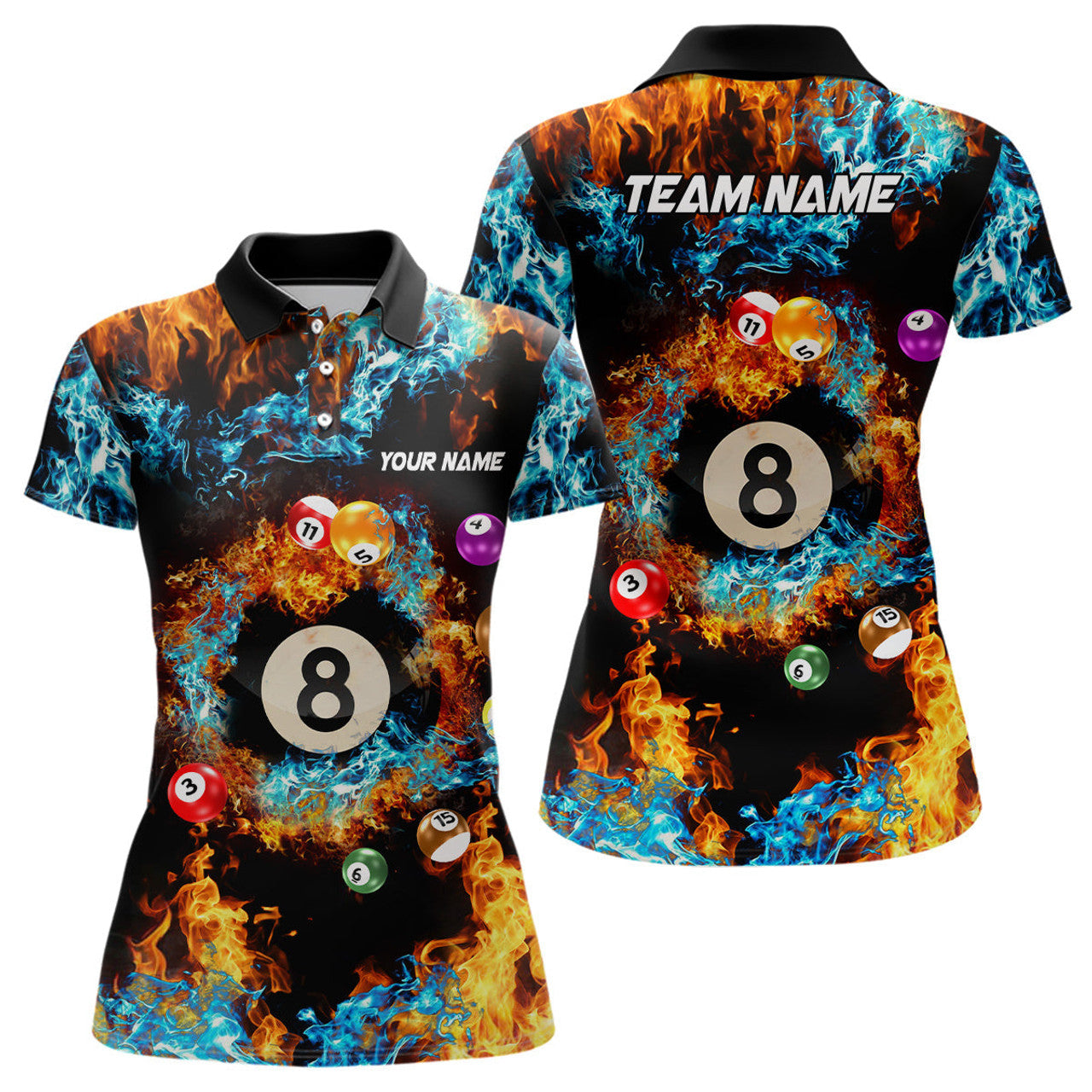 Custom Billiard Balls In Water Fire Personalized 3D Polo Shirts For Women Custom 8 Ball Pool Team Shirts