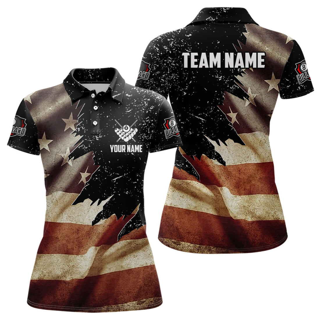 Custom Personalized Retro American Flag Billiard Women Polo Shirts Custom Patriotic Billiard Jerseys Uniform