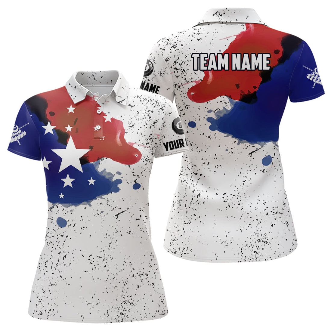 Custom Personalized Grunge Style American Flag Billiard Women Polo Shirts, Patriotic Billiard Shirts