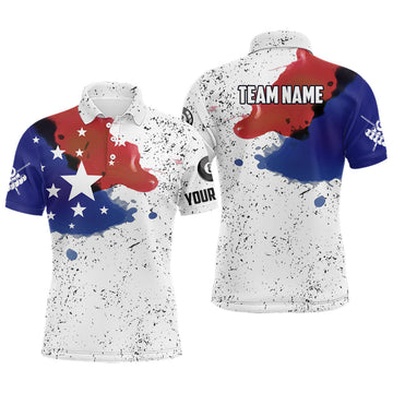Personalized Grunge Style American Flag Billiard Men Polo Shirts, Patriotic Billiard Shirts