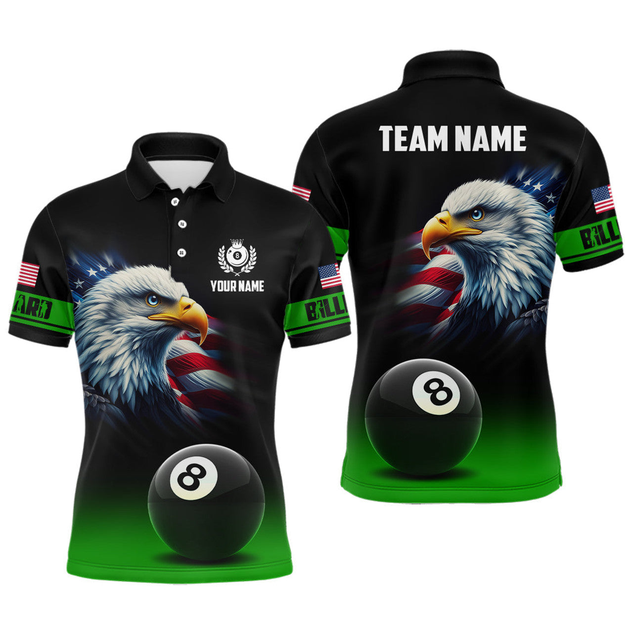 FUNSTUFFPRINT Personalized Black Green Billiard American Flag Eagle Men Polo Shirts, 3D 8 Ball Pool Polo Shirt Size S-5XL
