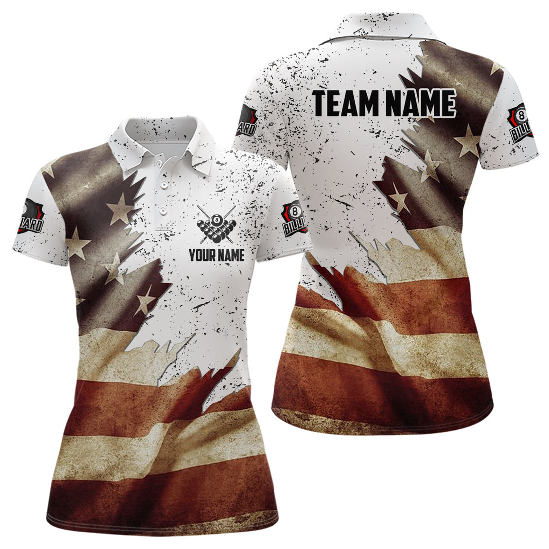 Custom Personalized Retro American Flag Billiard Women Polo Shirts Custom Patriotic Billiard Jerseys Uniform