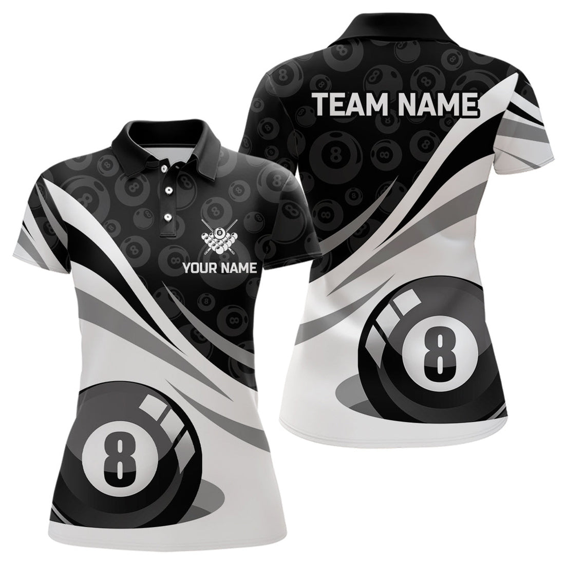 Custom Personalized Black White 8 Ball Pool Billiard Jerseys Women Polo Shirts Custom Billiard Uniform