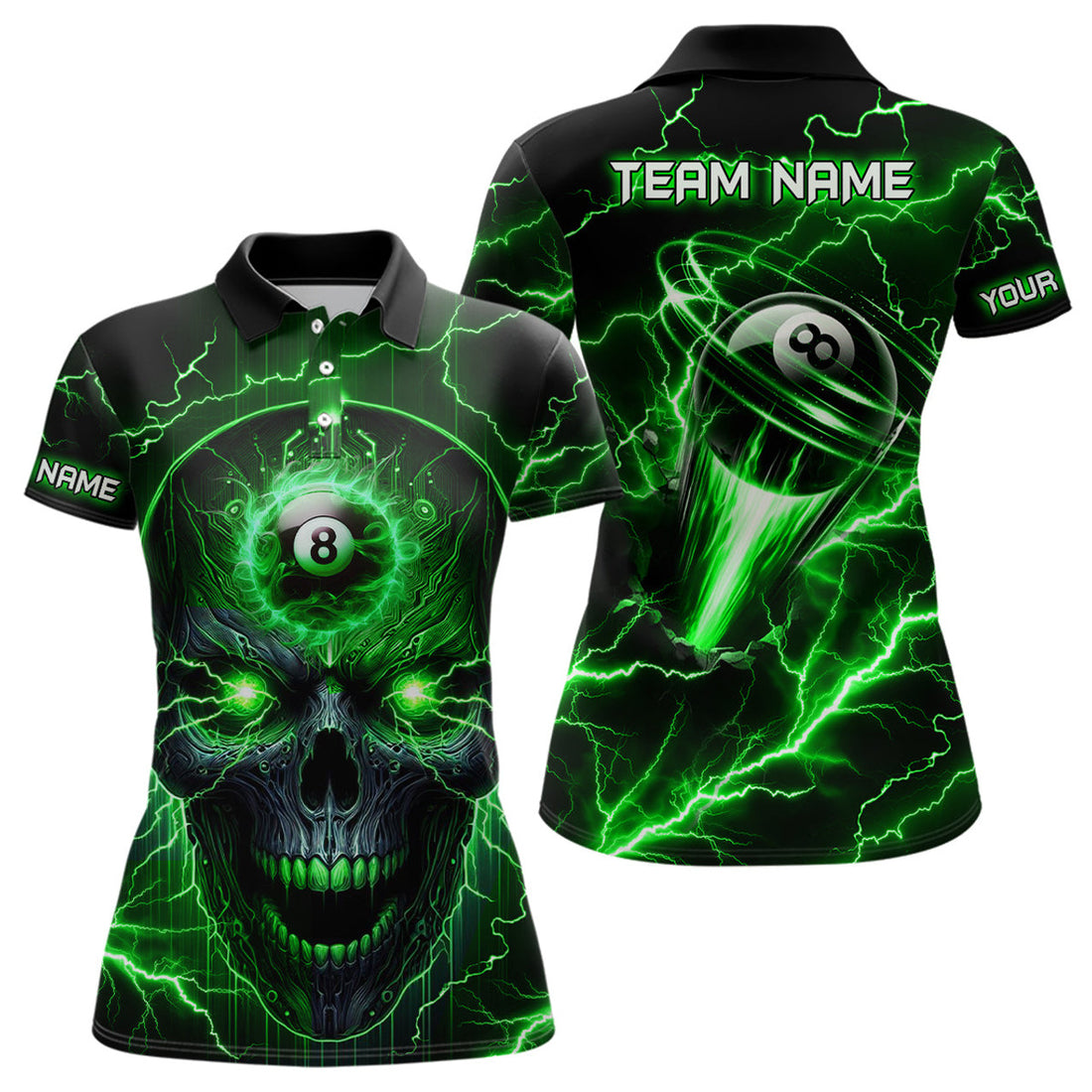 Custom Personalized Skull Billiard Polo Shirts For Women Custom Name 8 Ball Pool Billiard Jerseys |Green