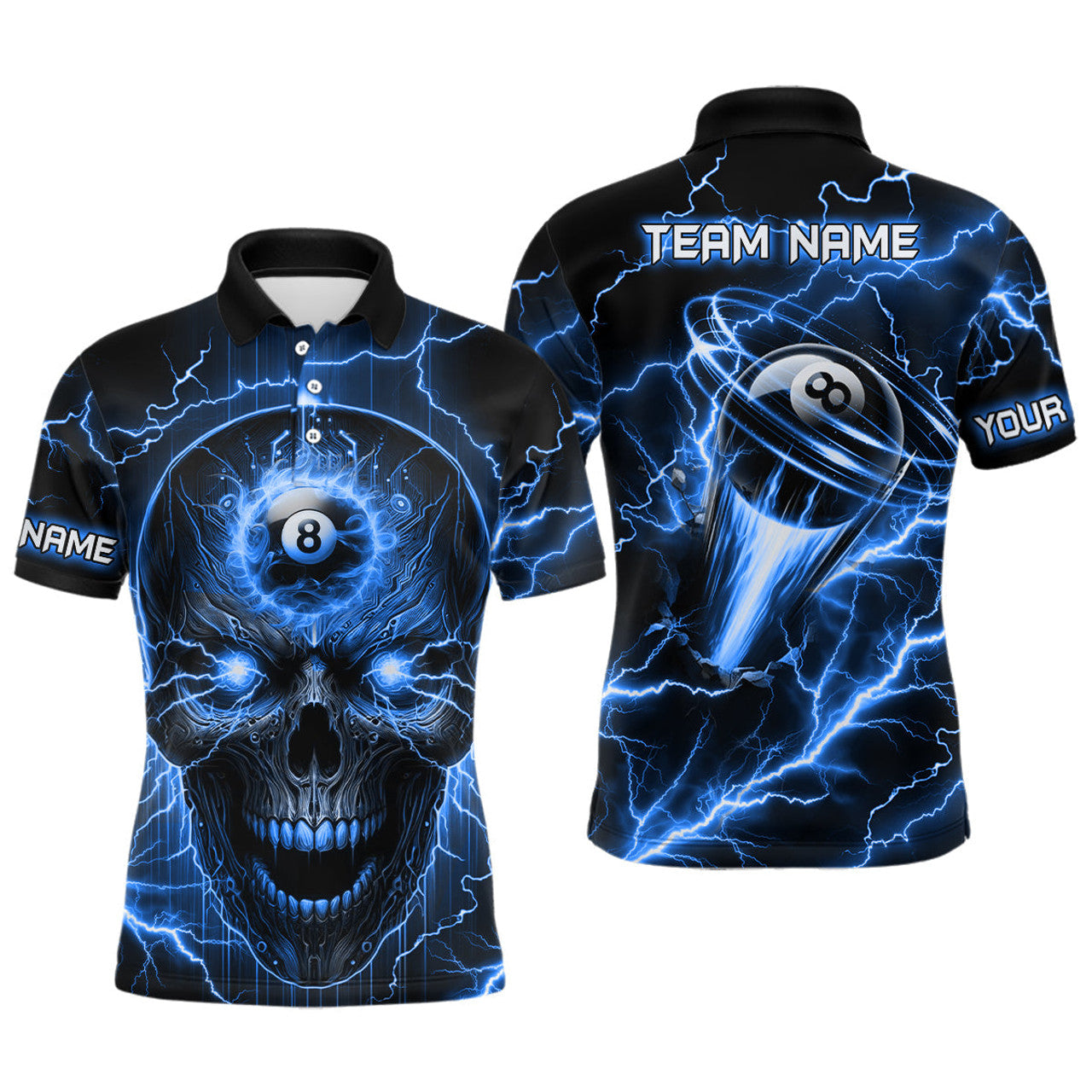 FUNSTUFFPRINT Personalized Skull Billiard Polo Shirts For Men Custom Name 8 Ball Pool Billiard Polo Shirt Size S-5XL