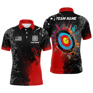 FUNSTUFFPRINT Personalized Paint Red 3D Target Archery Polo Shirts For Men Custom Name Archery Polo Shirt Size S-5XL